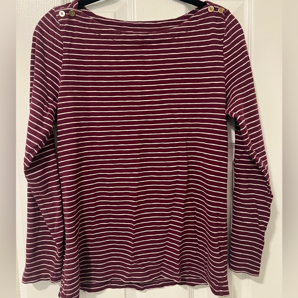 J Crew - Painter Tee Garnet stripe boatneck with gold buttons